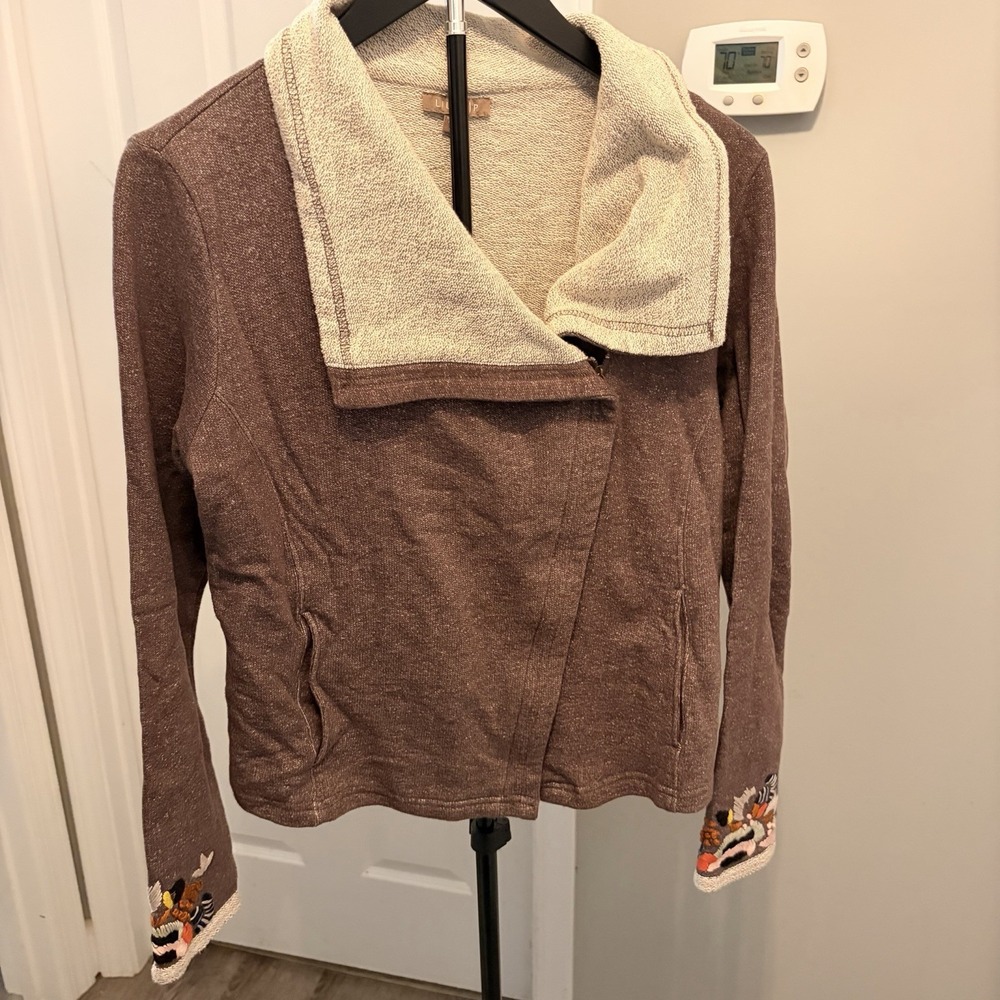 Lilla P Embroidered Terry Moto Jacket Brown Draped Collar Boho Casual Outerwear